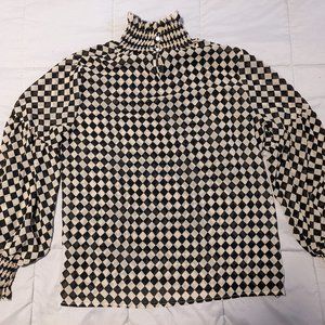 Checkerboard Turtleneck Blouse